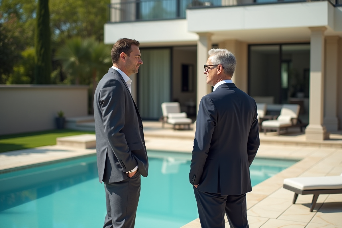 Agent immobilier discutant avec un couple au bord de la piscine