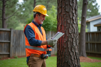 Arboriste en sécurité près d'un pin à couper