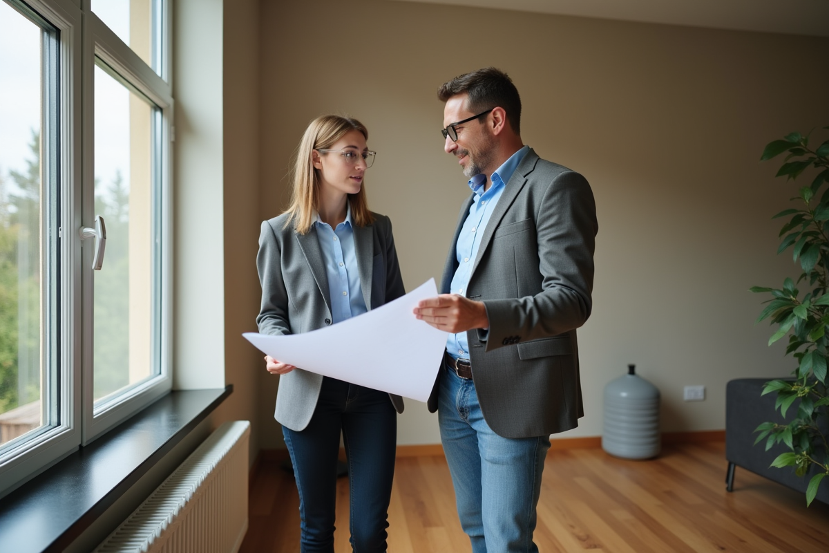 Jeune architecte discutant de plans avec un propriétaire près d