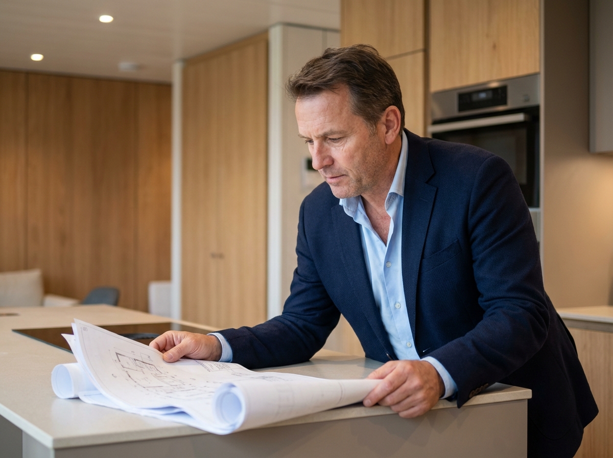 Architecte vérifiant des plans dans un intérieur d