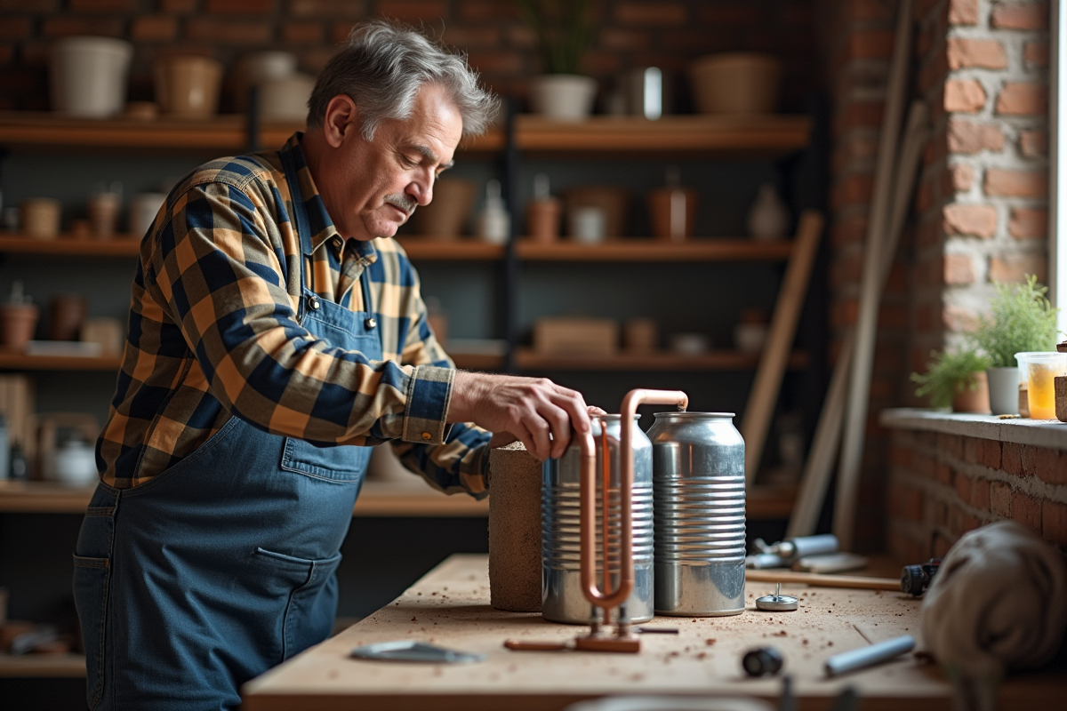 Homme moyenâgeux assemble un chauffage maison avec des canettes
