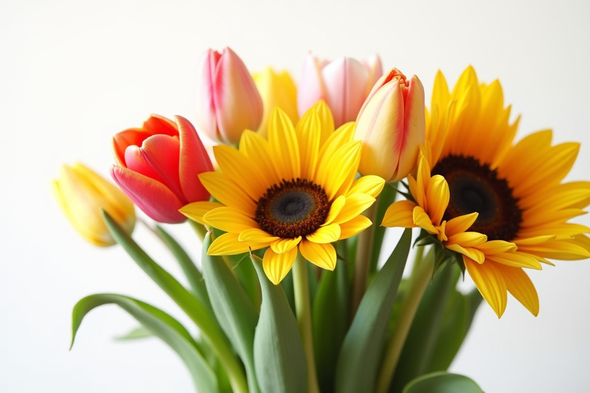 Bouquet de tulipes et tournesols en gros plan sur fond blanc