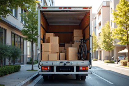 Camion de déménagement ouvert avec cartons et vélo en ville
