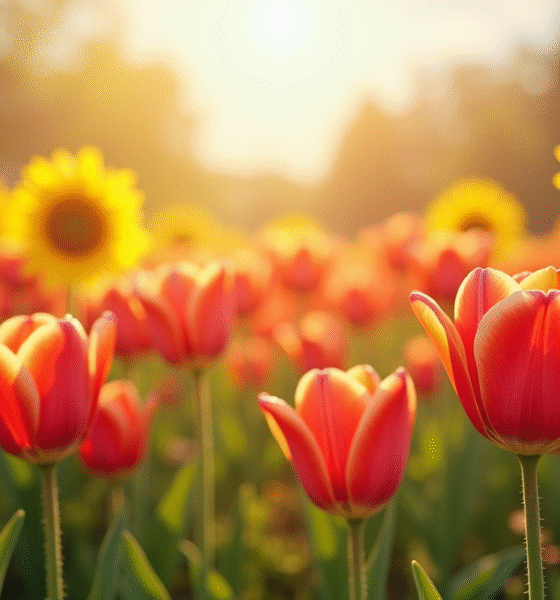 Champ de tulipes et tournesols en pleine floraison en plein jour