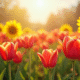 Champ de tulipes et tournesols en pleine floraison en plein jour
