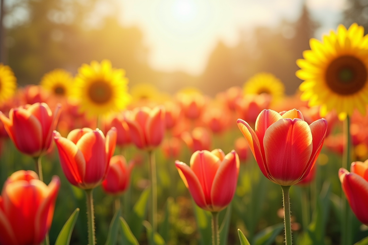 Champ de tulipes et tournesols en pleine floraison en plein jour