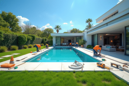 Travailleurs construisant une piscine moderne dans un jardin