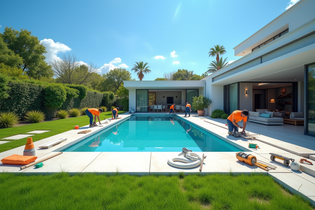 Travailleurs construisant une piscine moderne dans un jardin