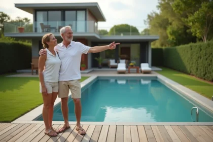Couple souriant pointant vers la piscine dans le jardin