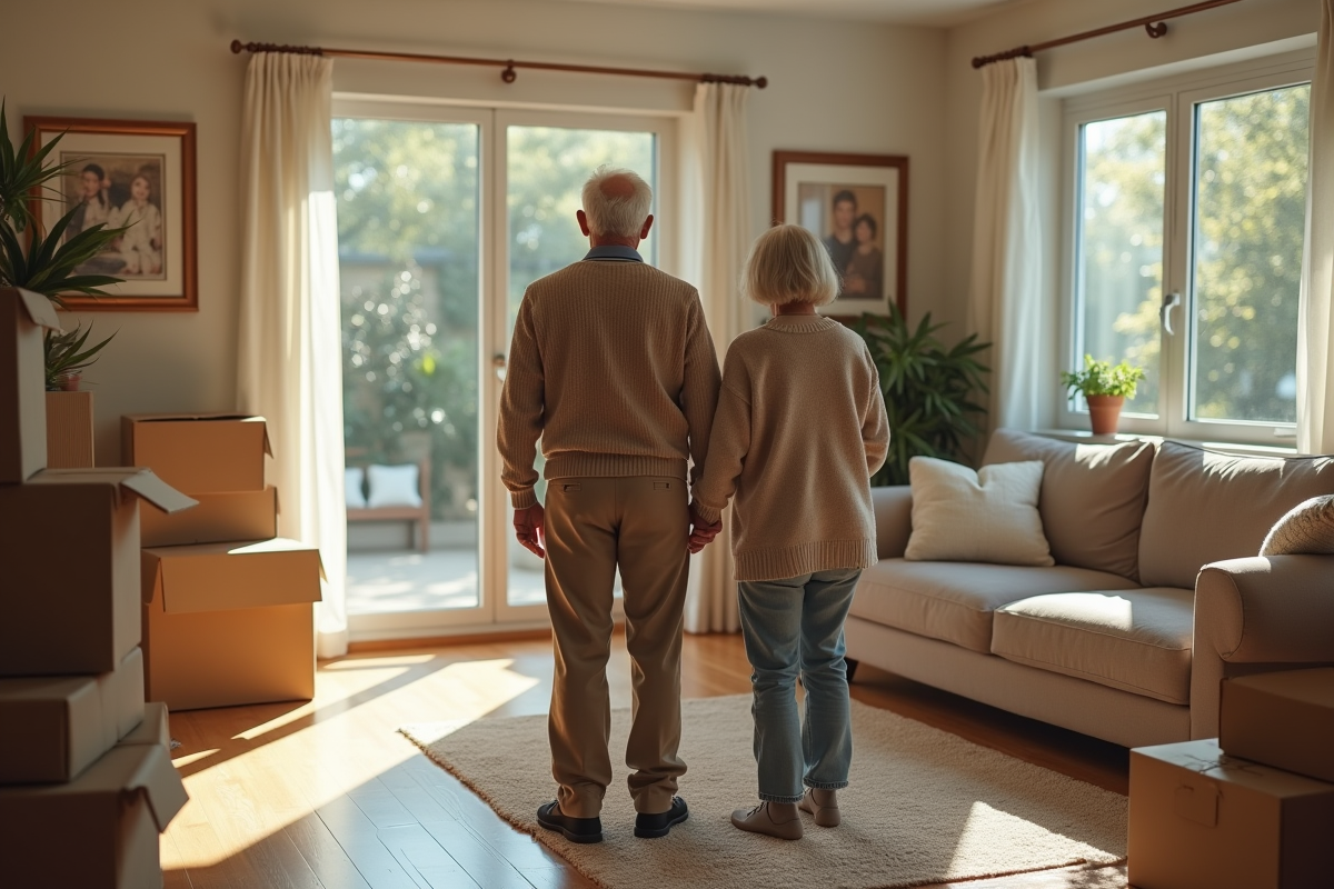 Couple âgé dans leur salon entouré de cartons et photos de famille