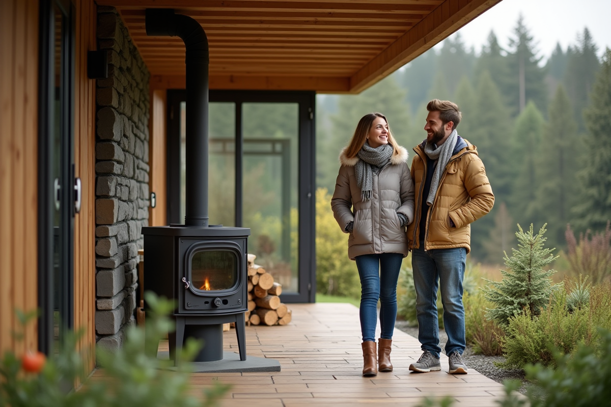 Jeune couple regardant un poêle en bois dans une maison passive