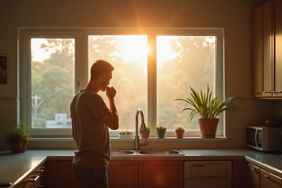 Cuisine avec condensation et famille soufflant dans une pièce mal ventilée