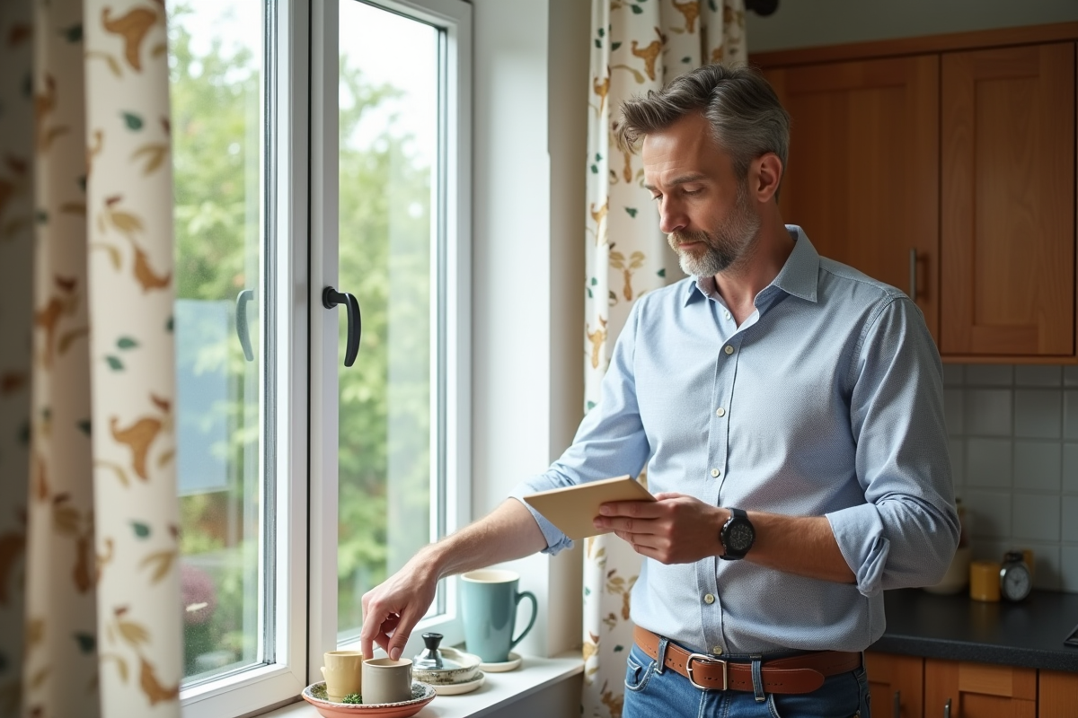Homme montrant fixation de rideau dans une cuisine chaleureuse