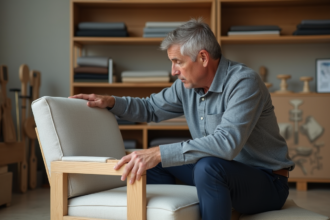Homme d'âge moyen examinant un prototype de chaise en studio
