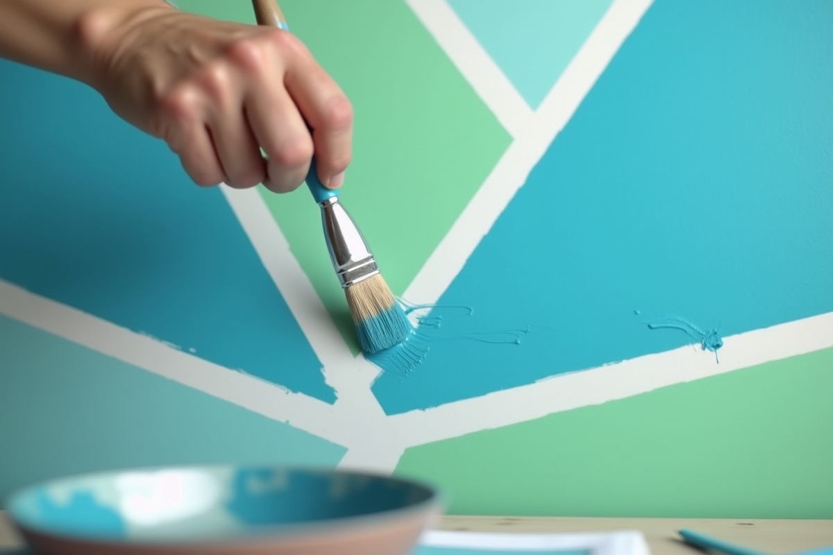 Main peignant un motif géométrique en bleu et vert sur un mur