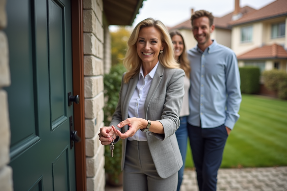 Femme souriante donnant des clés à un jeune couple devant une maison
