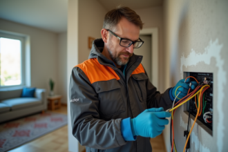 Électricien homme connectant fils électriques dans un logement