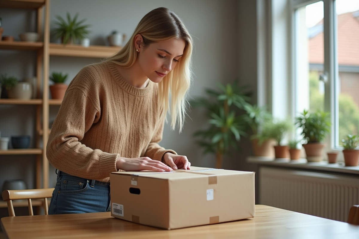 Femme emballant un colis fragile à la maison