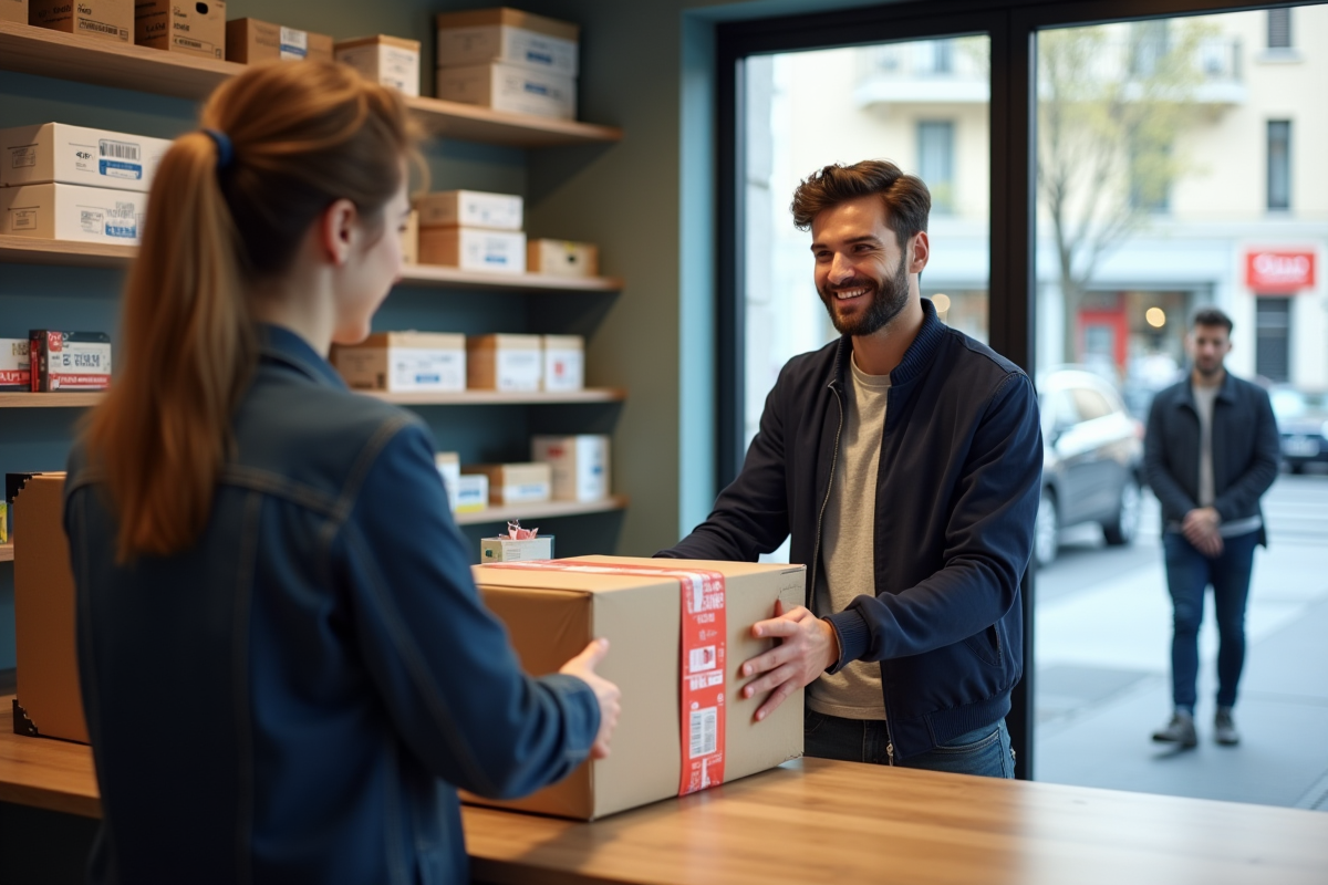 Jeune homme remettant un colis fragile au relais colis