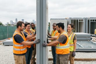 Groupe d'ouvriers en vestes réfléchissantes construisant un mur modulaire