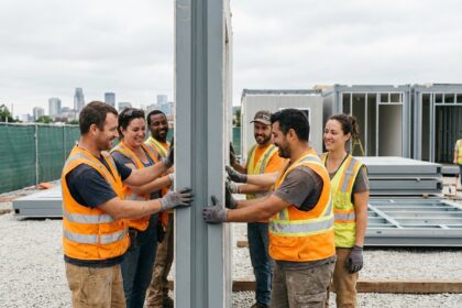 Groupe d'ouvriers en vestes réfléchissantes construisant un mur modulaire
