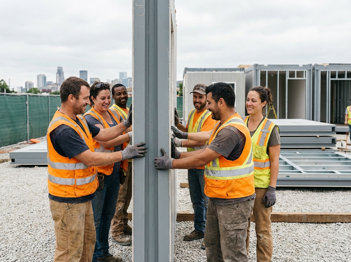 Groupe d'ouvriers en vestes réfléchissantes construisant un mur modulaire