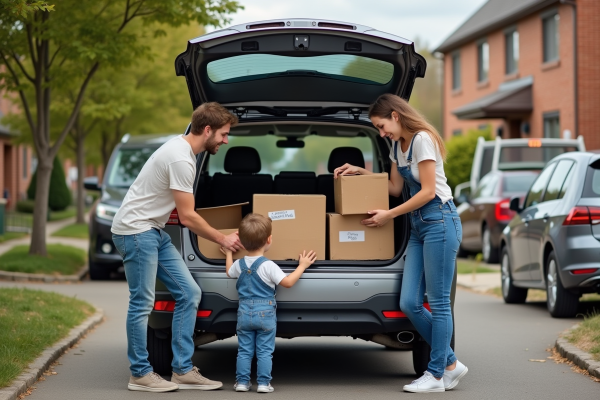 Famille emballant des cartons dans une voiture en extérieur