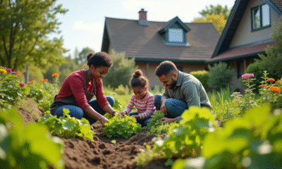 Famille diverse dans un jardin écologique ensoleille