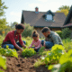 Famille diverse dans un jardin écologique ensoleille