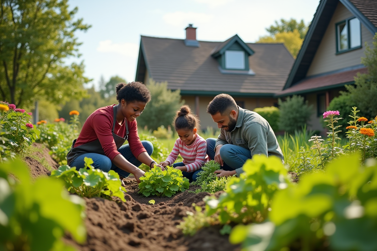 Famille diverse dans un jardin écologique ensoleille