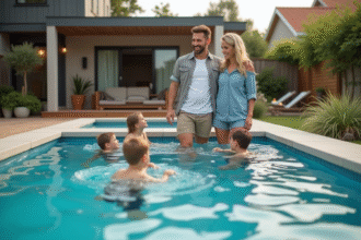 Couple souriant près de la piscine dans un jardin