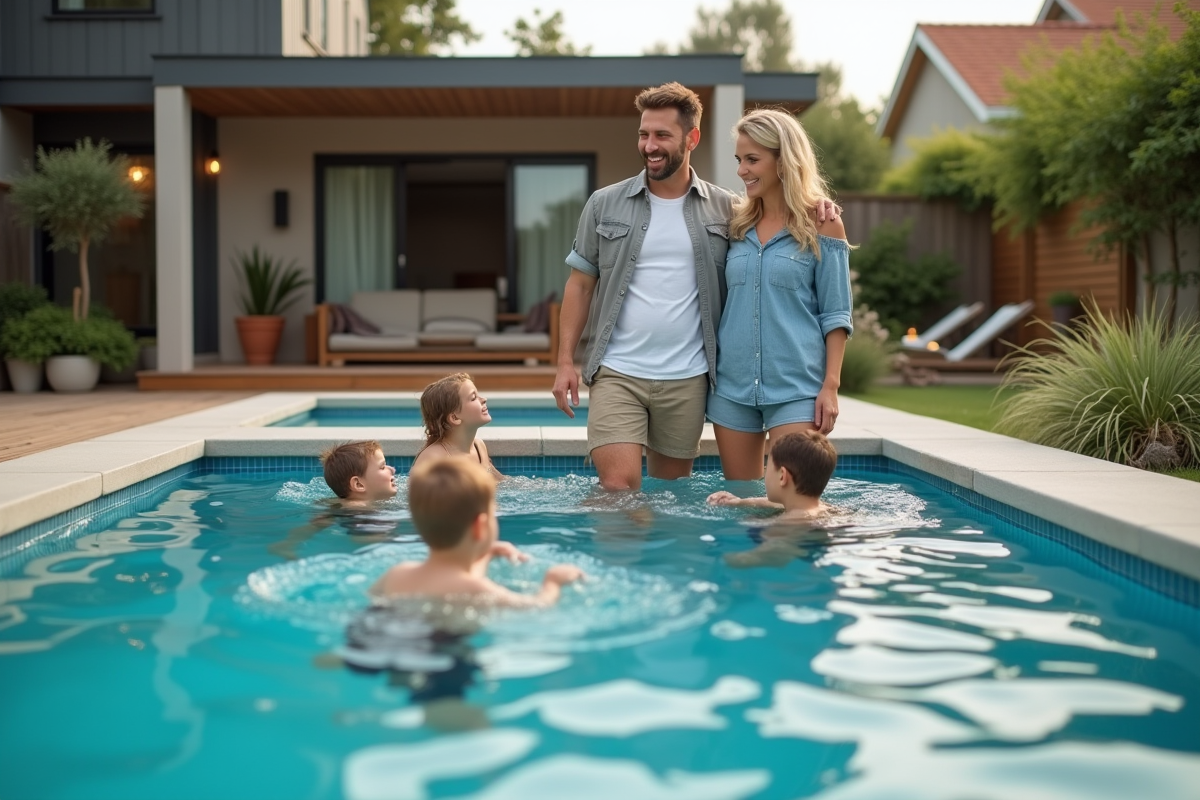 Couple souriant près de la piscine dans un jardin