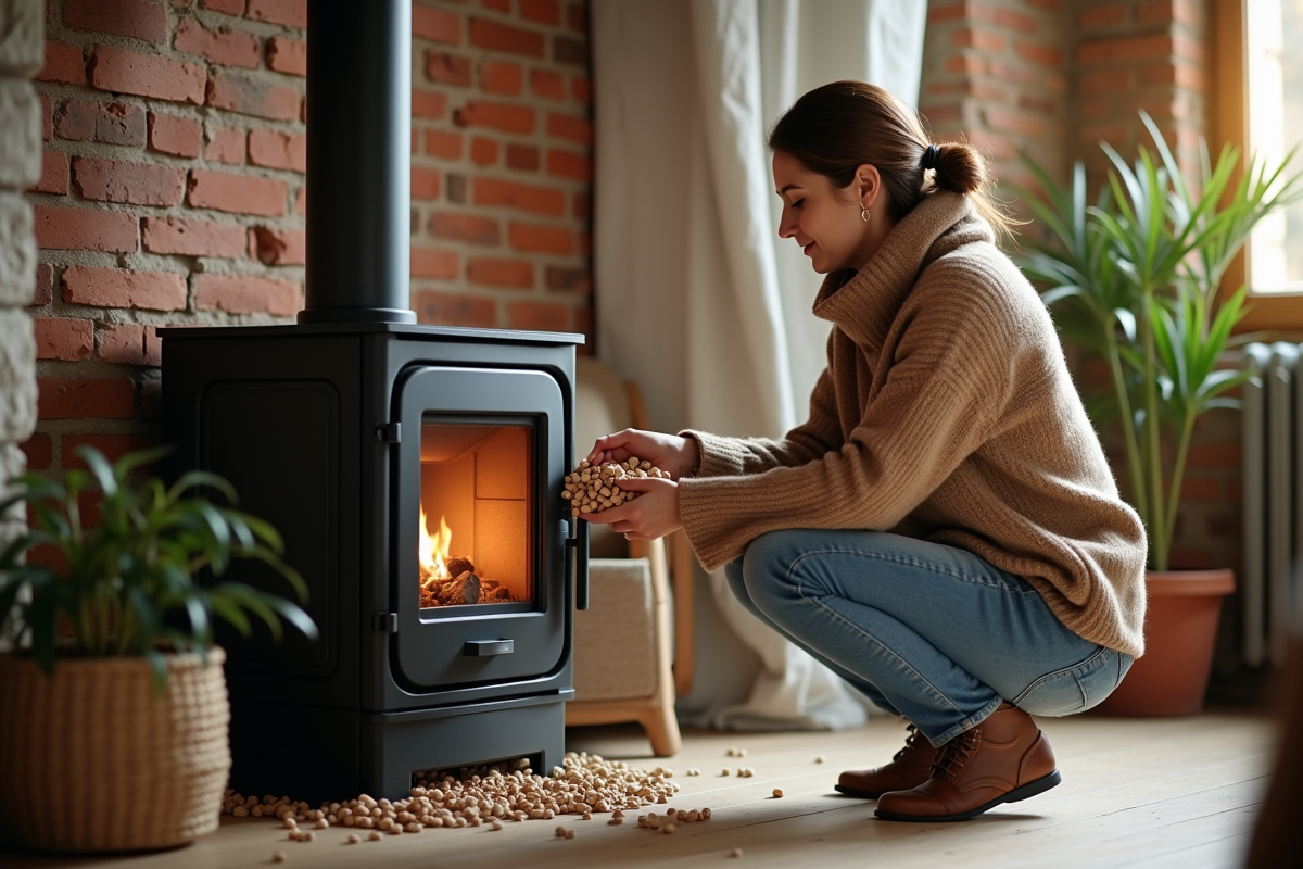 Femme chargant des pellets dans un poêle écologique dans un salon lumineux