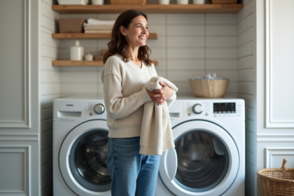 Femme compare deux sèche-linge modernes en buanderie
