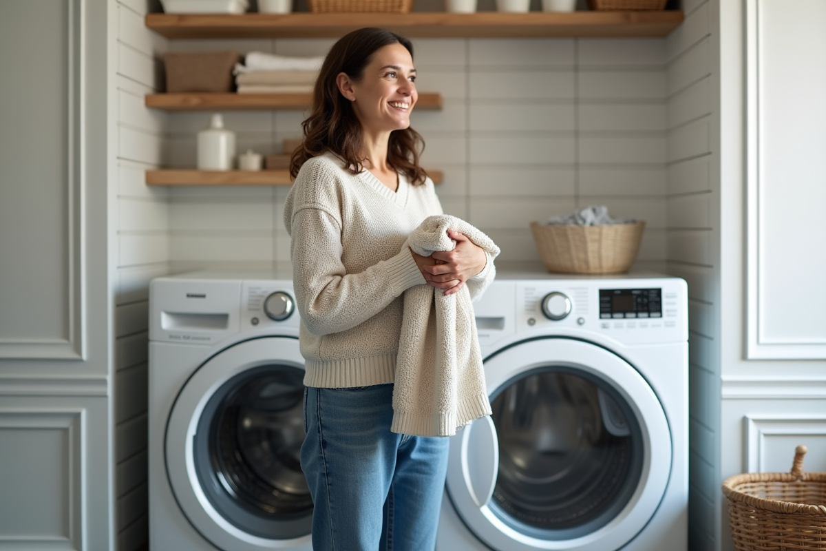 Femme compare deux sèche-linge modernes en buanderie