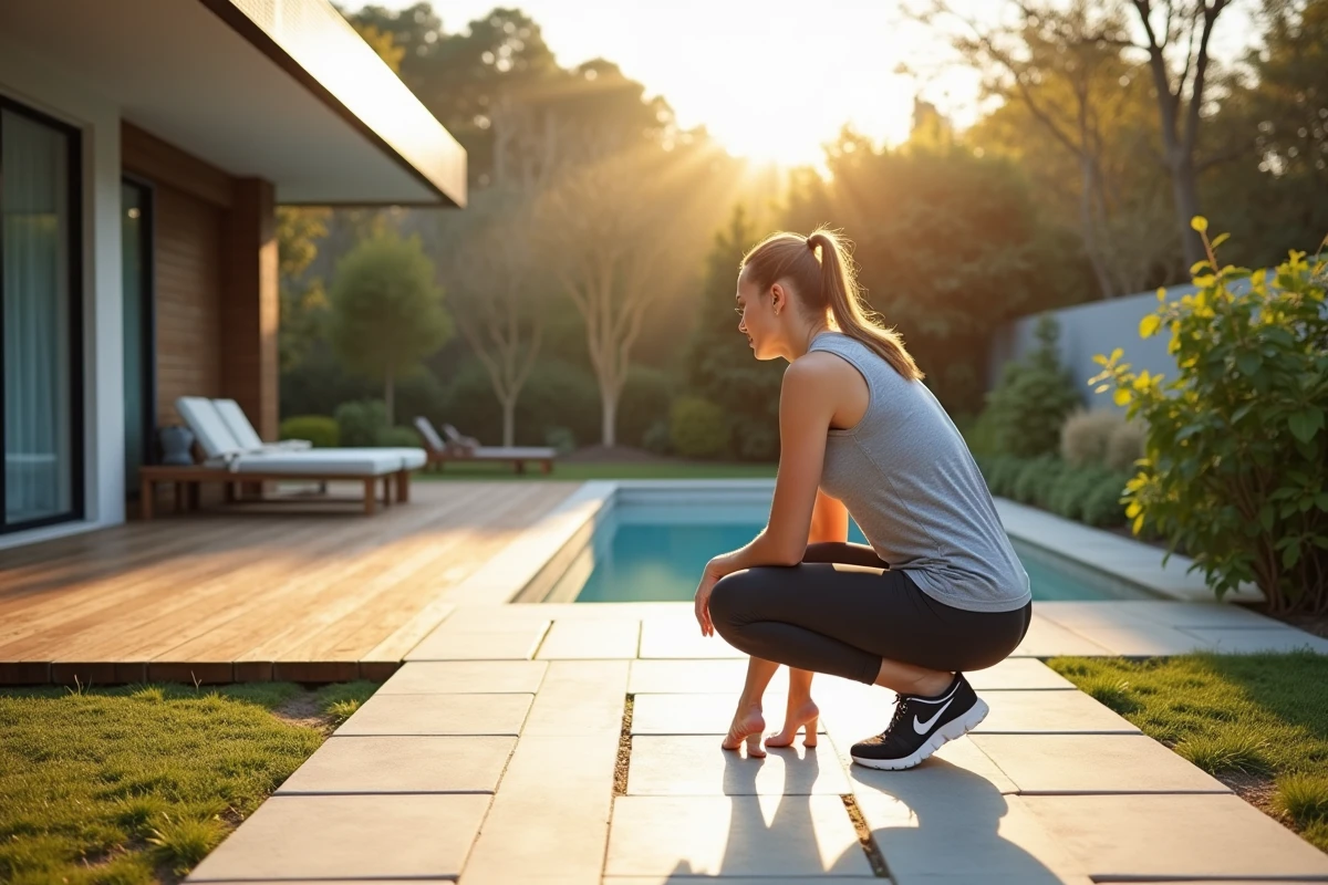 Jeune femme en tenue sportive observant le chemin pavé