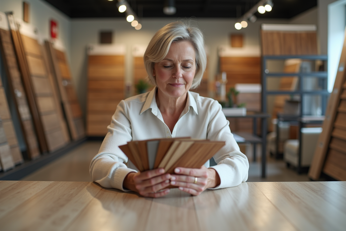 Femme examine échantillons de revêtements de sol en showroom