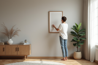 Femme en blouse blanche accrochant une peinture dans un salon chaleureux