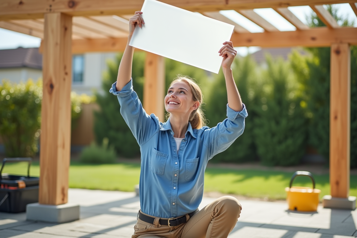 Jeune femme inspecte un panneau de polycarbonate sous une pergola