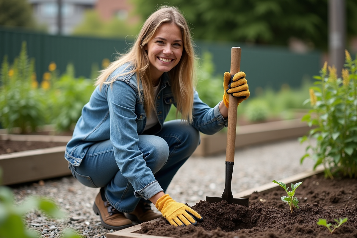 Jeune femme plantant dans un jardin communautaire