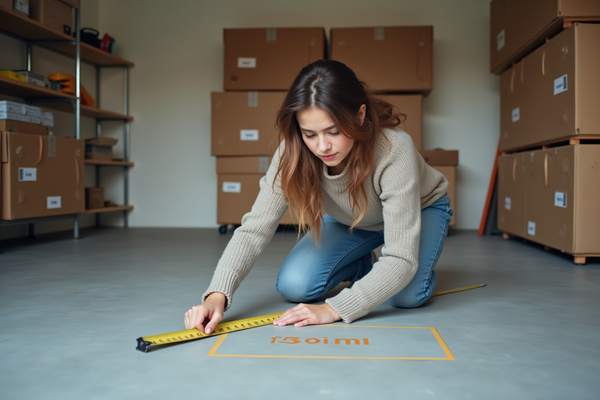 Jeune femme mesurant un espace dans un garage moderne
