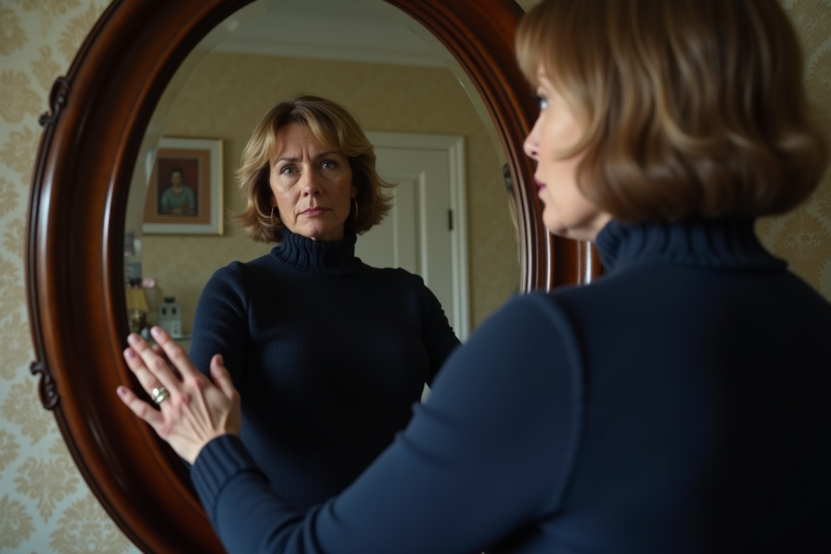 Femme d'âge moyen devant un miroir antique dans un salon victorien