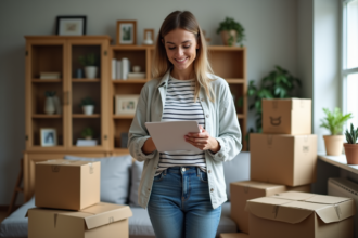 Femme vérifiant sa liste de déménagement dans un salon cosy