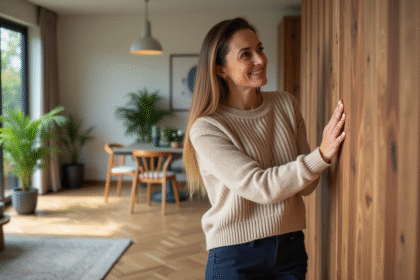 Femme dans un appartement moderne avec panneau en bois