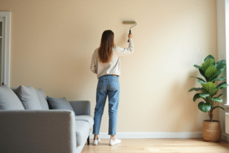 Femme appliquant de la peinture beige sur un mur intérieur