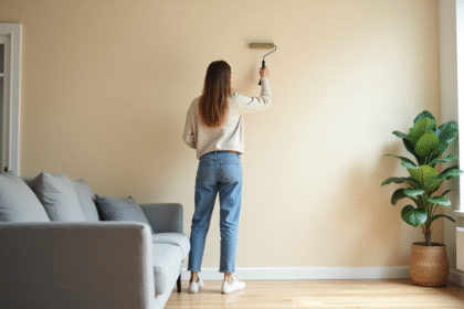 Femme appliquant de la peinture beige sur un mur intérieur