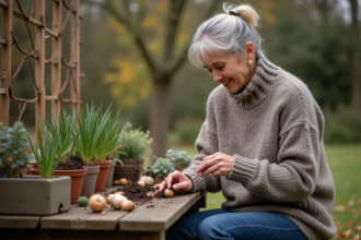 Femme préparant des bulbes de lys pour l'hiver dans le jardin