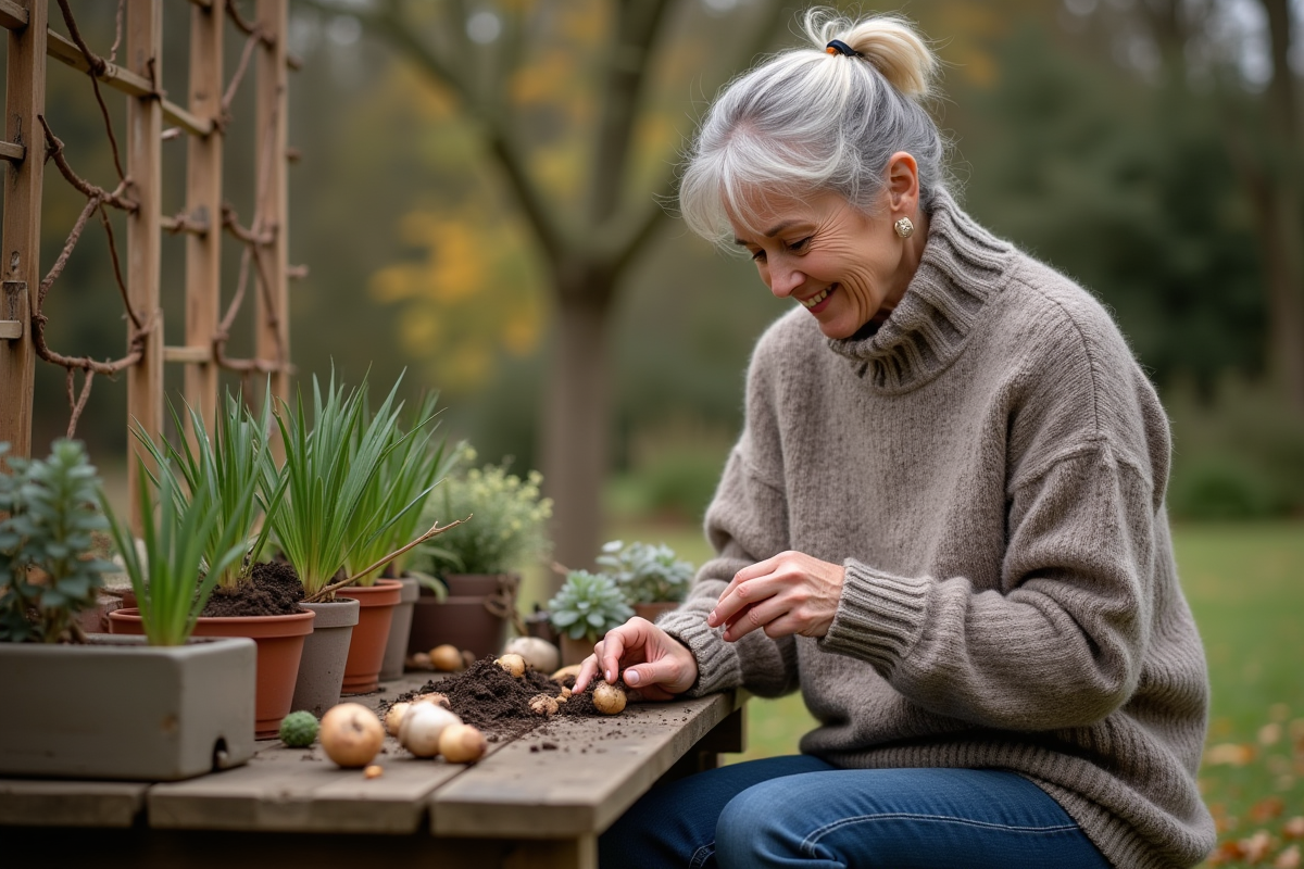 Femme préparant des bulbes de lys pour l'hiver dans le jardin