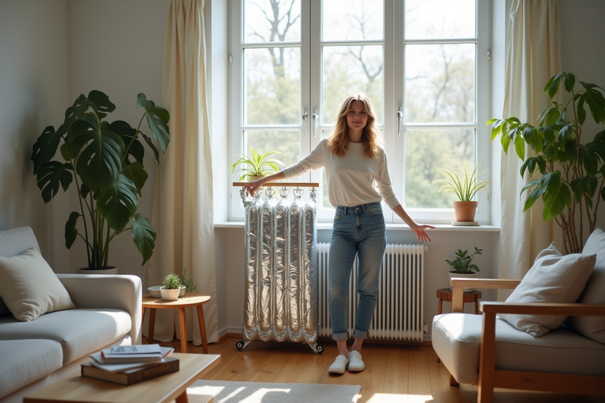 Jeune femme montre un radiateur fait maison avec des bouteilles