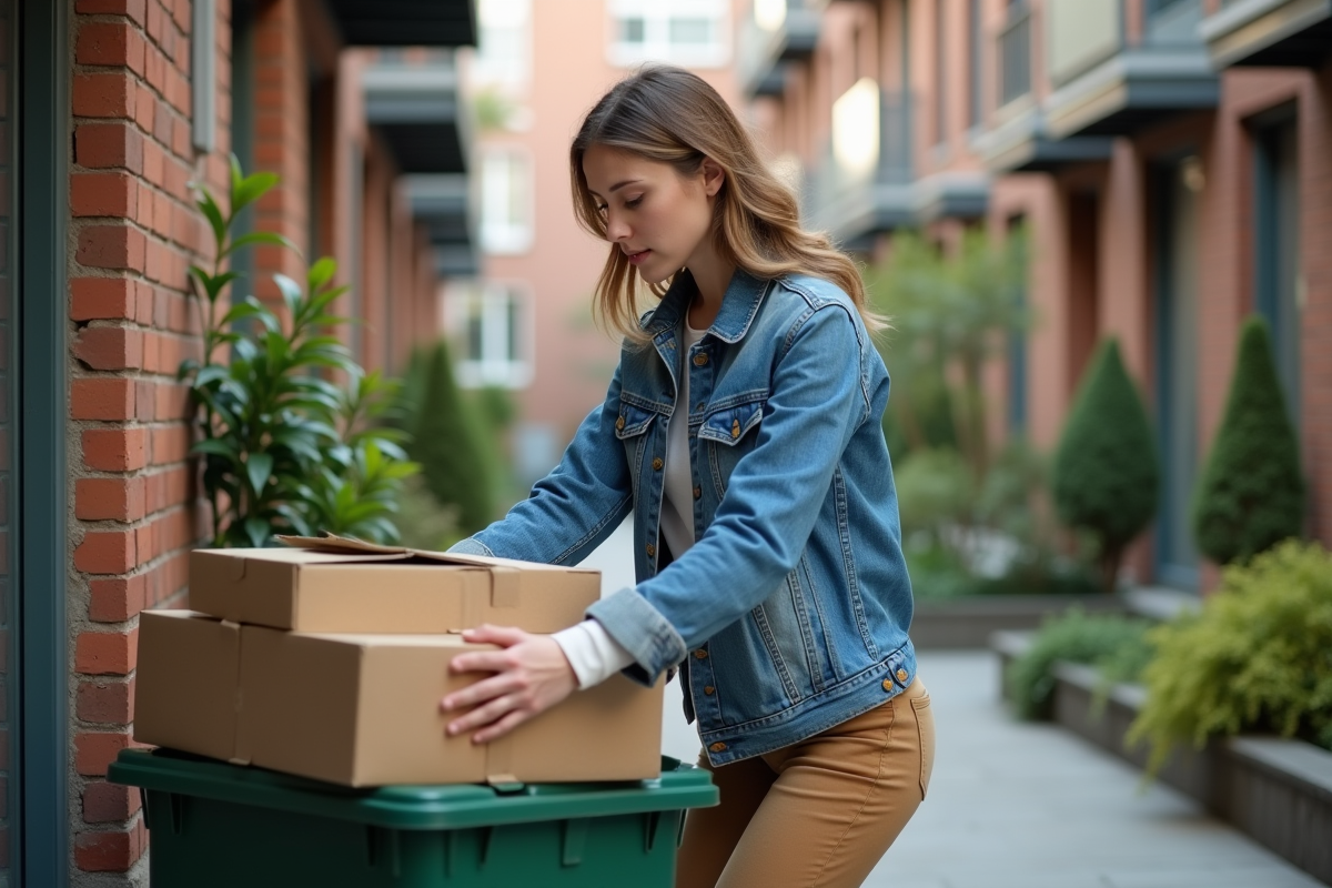 Jeune femme plissant des cartons recyclés dans une cour urbaine